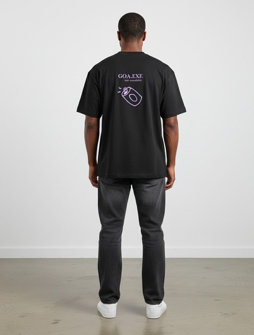mi-DONE black oversized cotton t-shirt with a purple graphic print on the back, worn by a man with dark jeans.