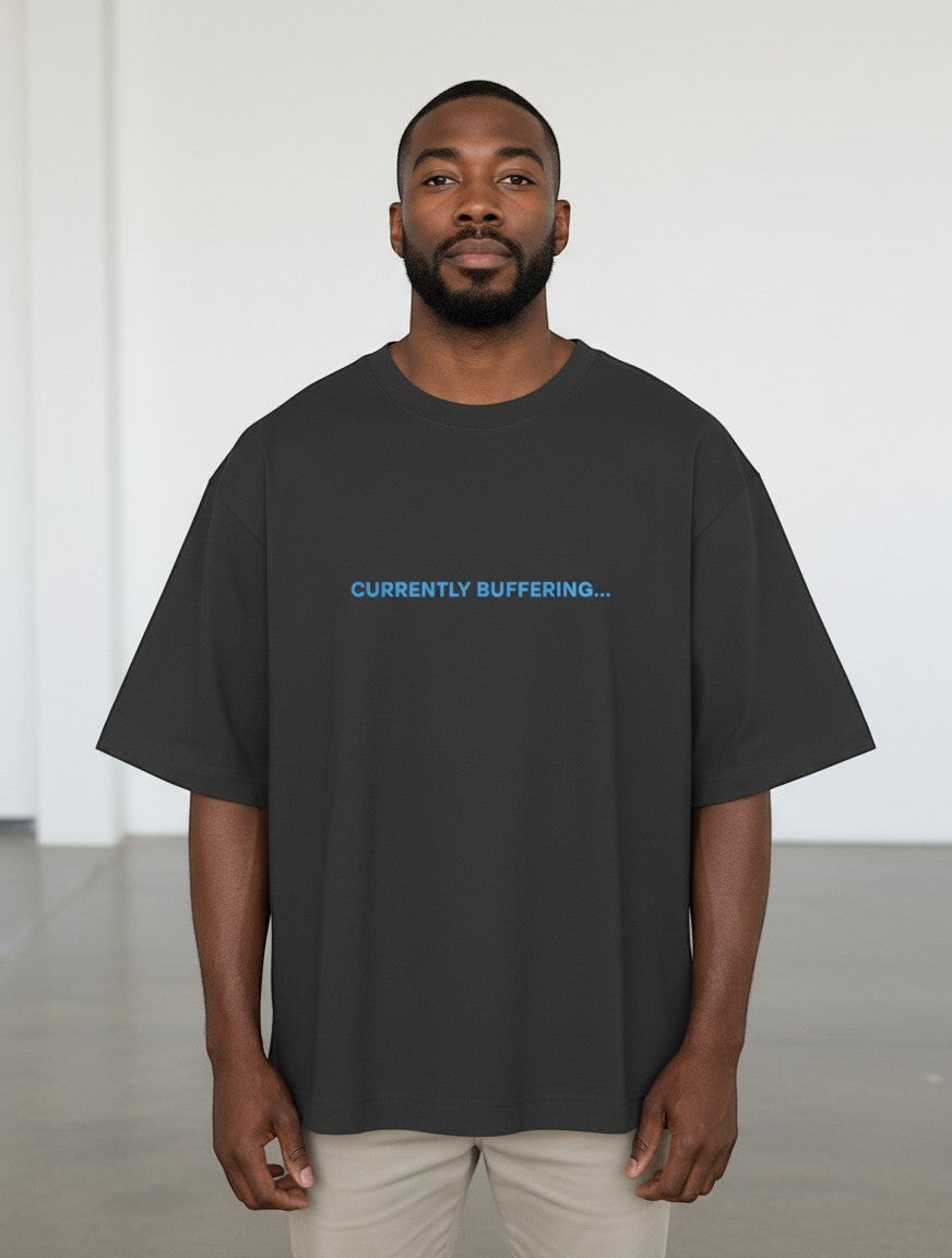 mi-DONE oversized charcoal grey cotton t-shirt with Currently Buffering text print on a male model