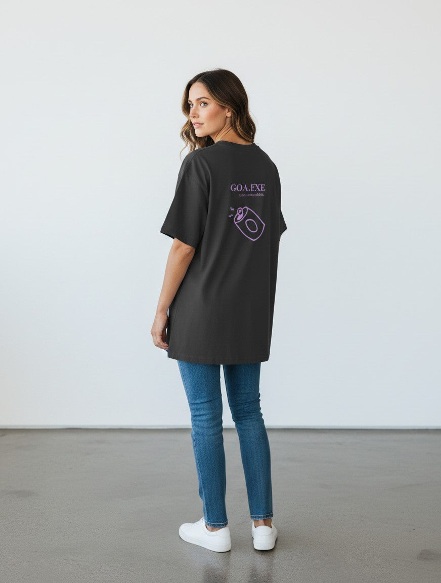 Model wearing a charcoal grey mi-DONE oversized cotton t-shirt with a purple graphic print on the back