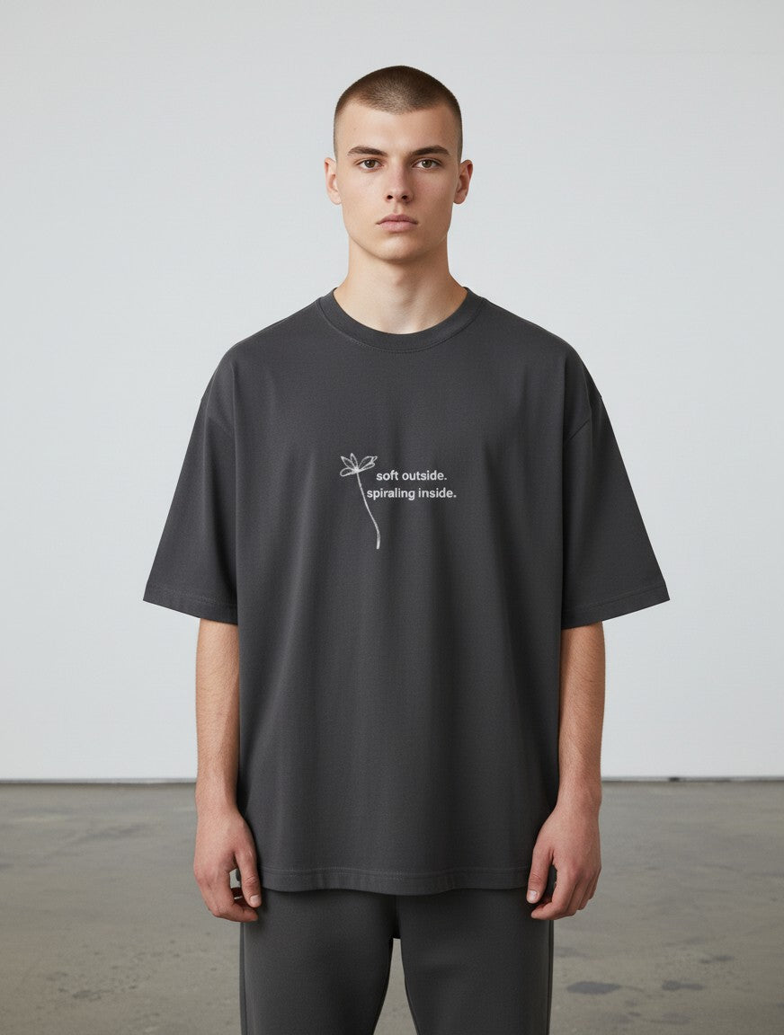 mi-DONE charcoal grey oversized cotton t-shirt with a white flower graphic and text on the chest