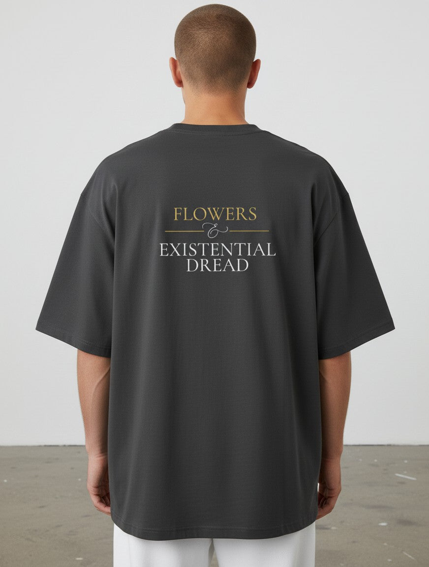 mi-DONE oversized charcoal grey cotton t-shirt with Flowers & Existential Dread text print on the back