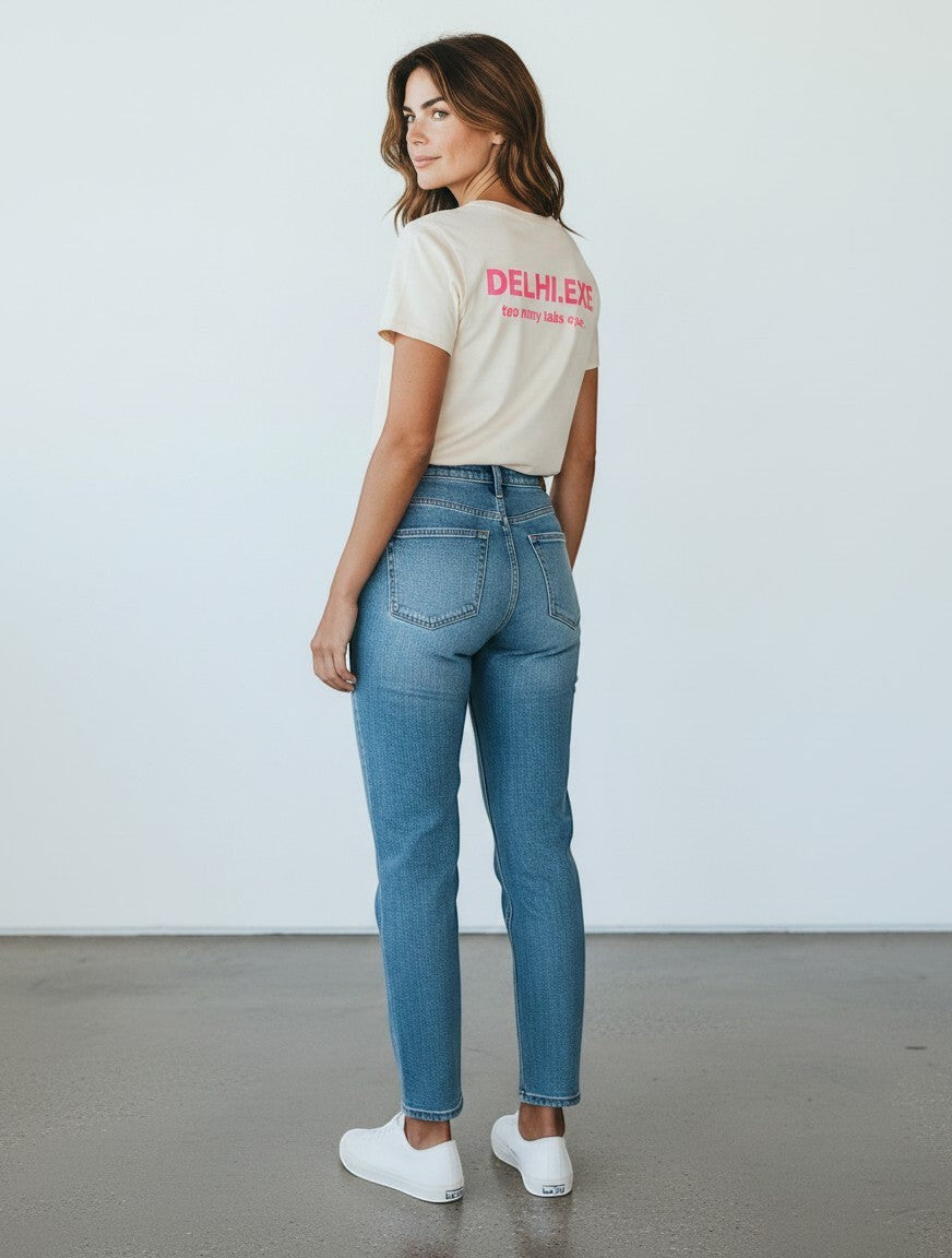 mi-DONE Delhi oversized beige cotton t-shirt with pink back graphic print worn by a woman with blue jeans