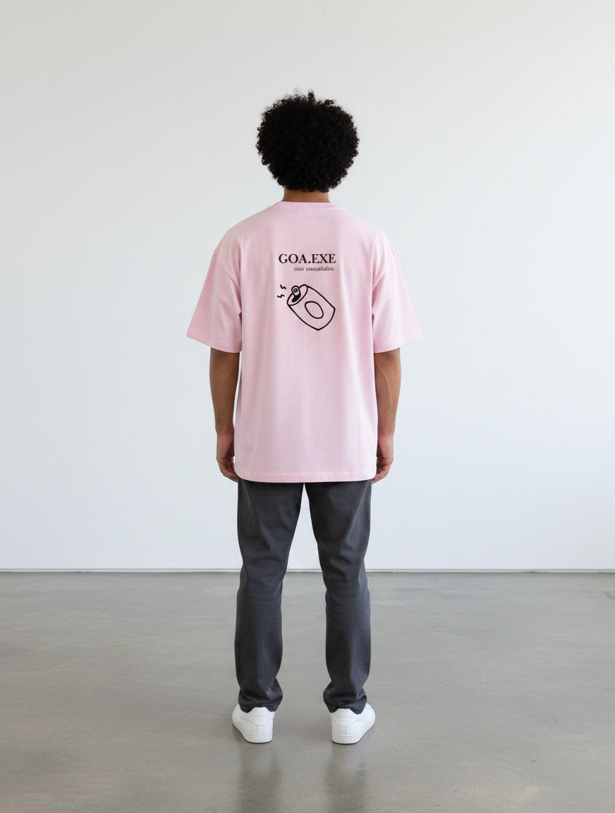 mi-DONE Goa oversized pink cotton t-shirt with back graphic print worn by a person with dark curly hair