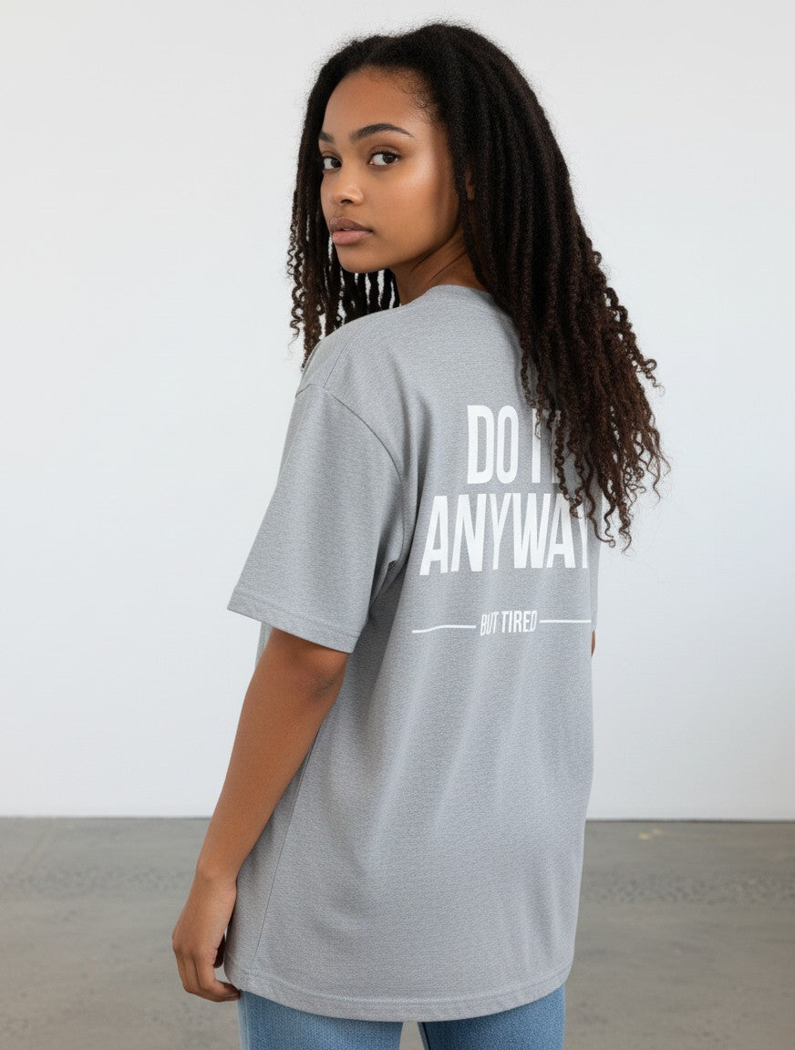 mi-DONE grey oversized cotton t-shirt with back graphic print worn by a woman