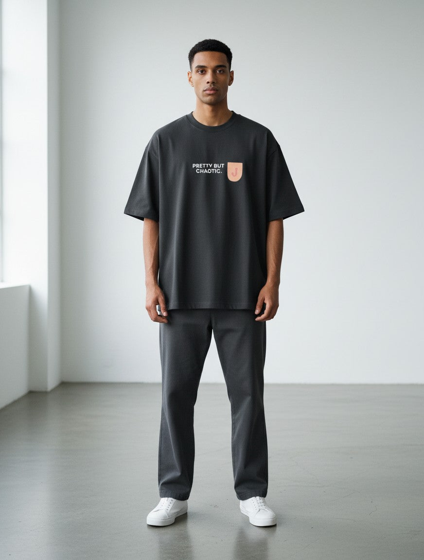 mi-DONE Jaipur oversized charcoal grey cotton t-shirt with graphic print on a male model