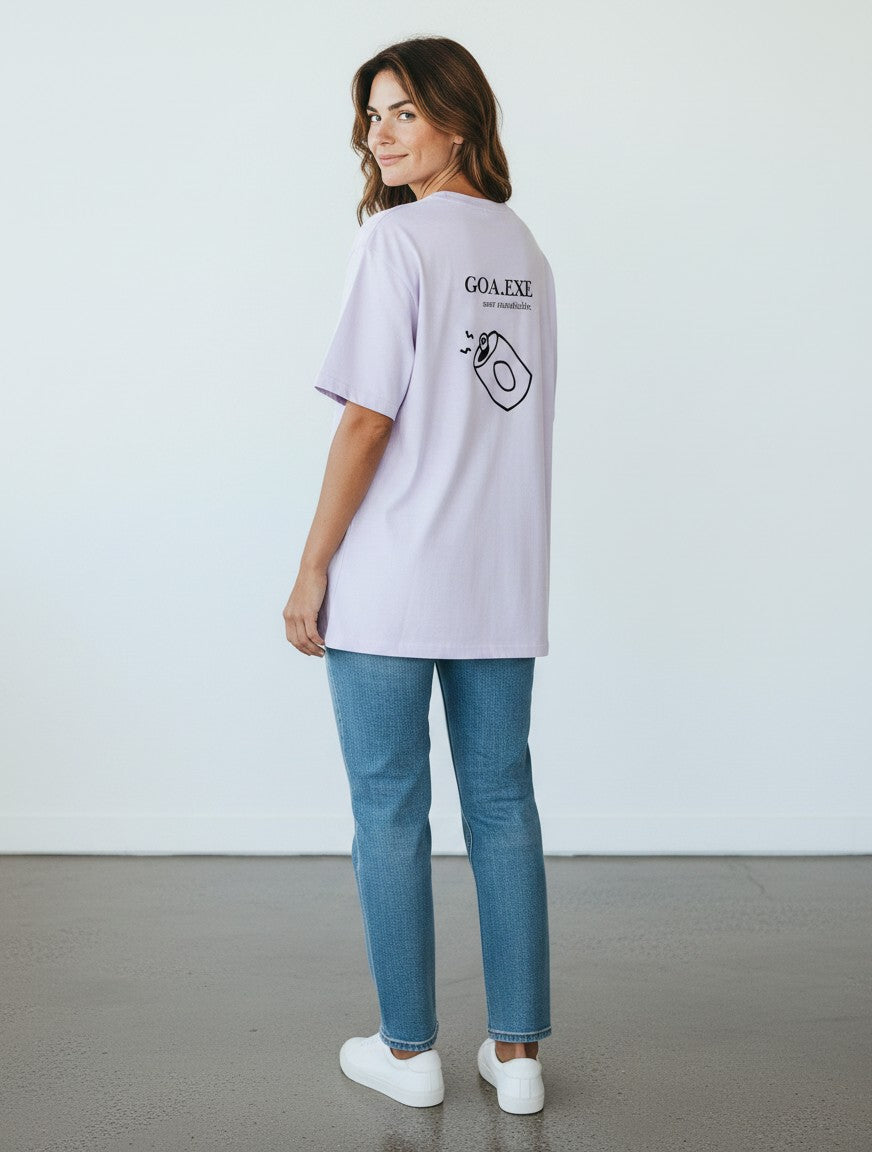 mi-DONE oversized lavender cotton t-shirt with Goa graphic print on back worn by a woman with blue jeans