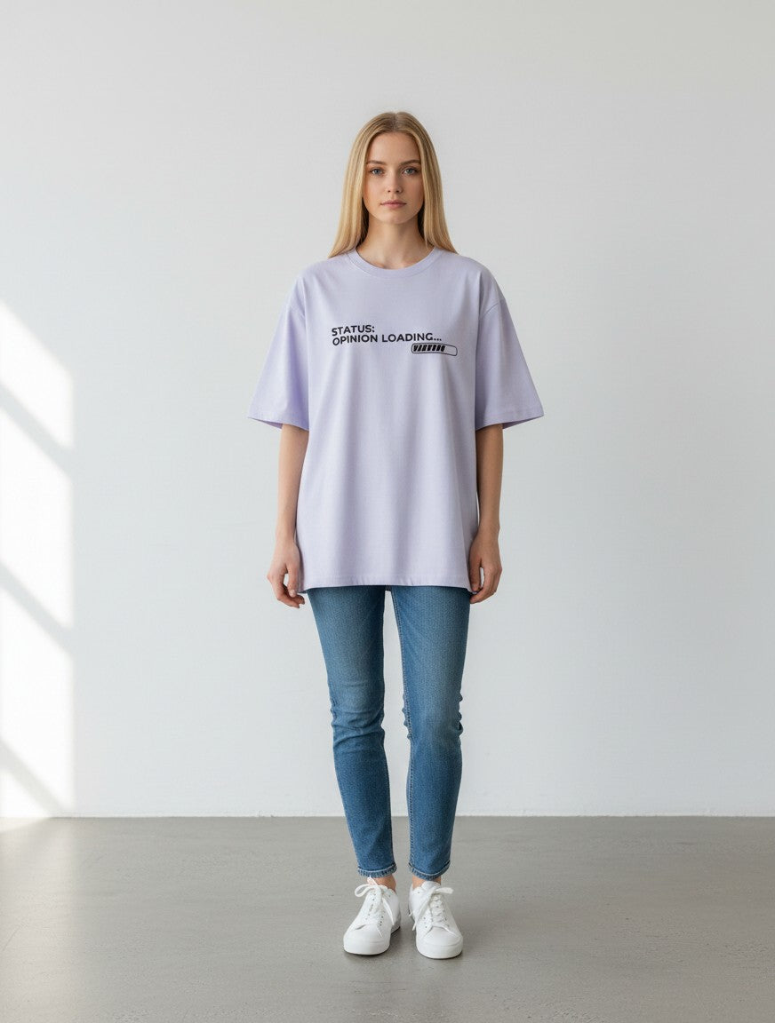 mi-DONE oversized lavender cotton t-shirt with Opinion Loading graphic print worn by a woman with blue jeans