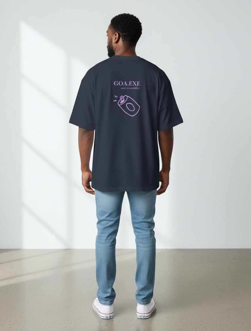 mi-DONE oversized navy blue cotton t-shirt with GOA.EXE graphic print on back worn by a man with jeans