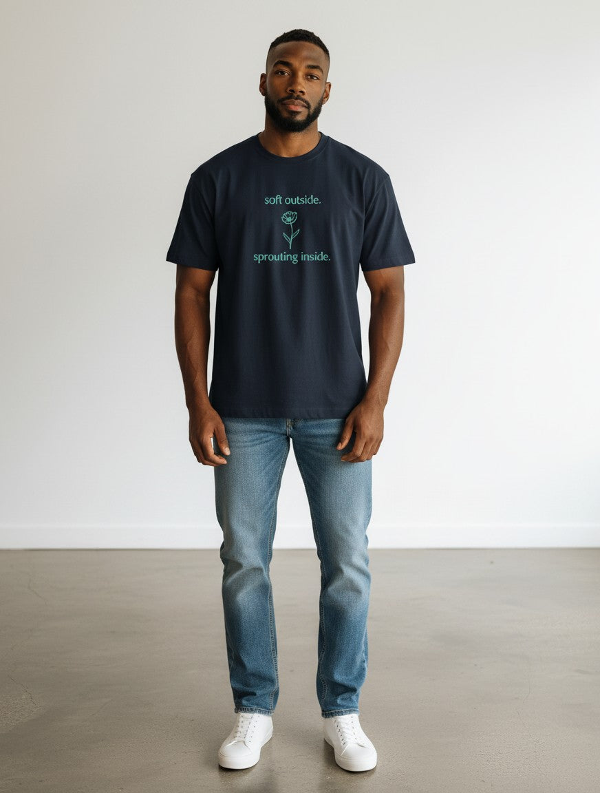 mi-DONE navy blue oversized cotton t-shirt with soft outside sprouting inside text and flower graphic on a man
