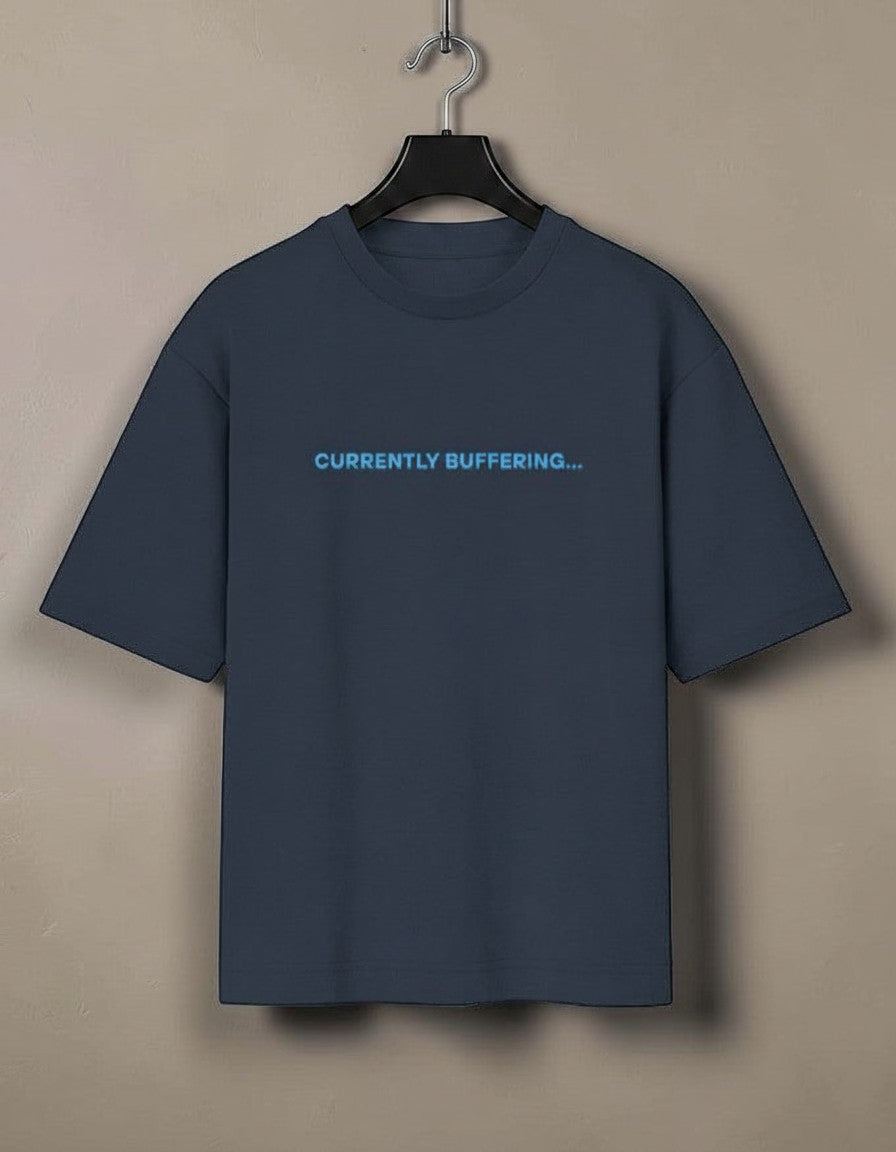mi-DONE oversized navy blue cotton t-shirt with Currently Buffering text print and drop shoulders