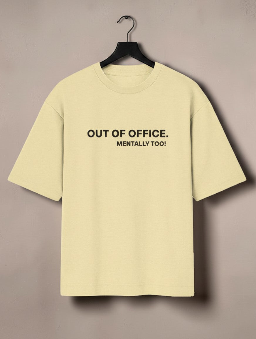 mi-DONE oversized beige cotton t-shirt with Out of Office Mentally Too graphic print on a hanger