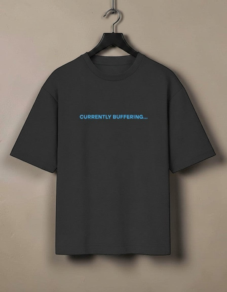mi-DONE oversized black cotton t-shirt with Currently Buffering text in blue on a hanger