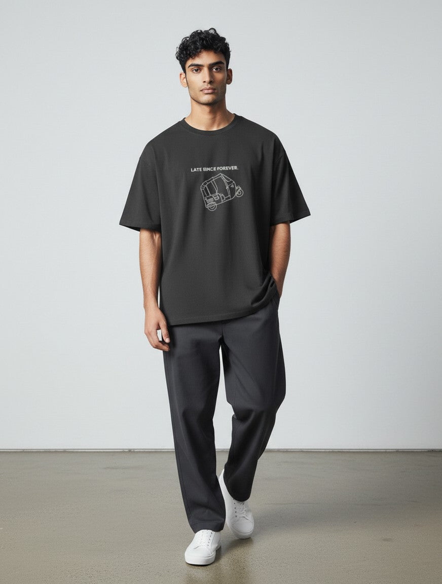 mi-DONE oversized black cotton t-shirt with Late Since Forever graphic print on a male model