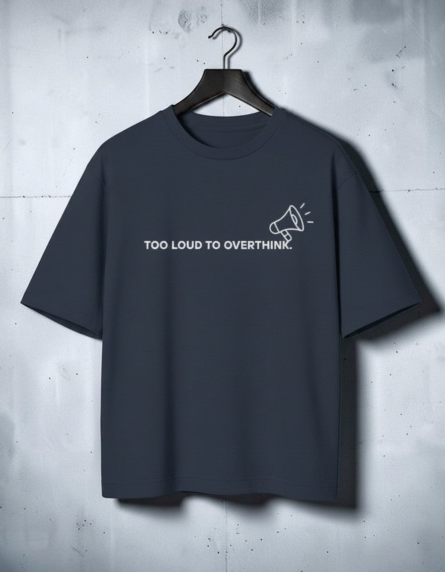 mi-DONE oversized charcoal grey cotton t-shirt with Too Loud To Overthink text and megaphone graphic