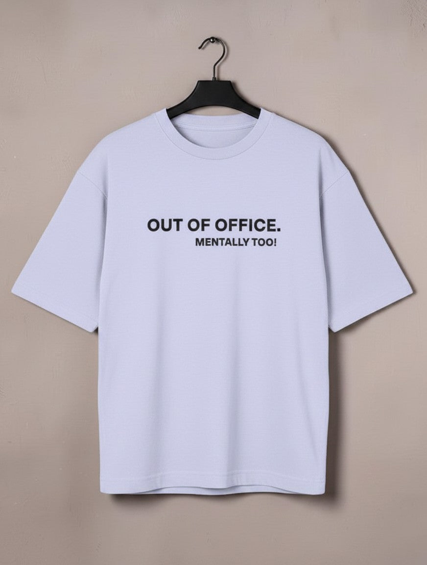 mi-DONE oversized light blue cotton t-shirt with Out of Office Mentally Too graphic print on a hanger