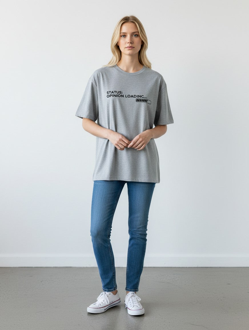 mi-DONE oversized grey cotton t-shirt with Opinion Loading graphic print worn by a blonde model with blue jeans