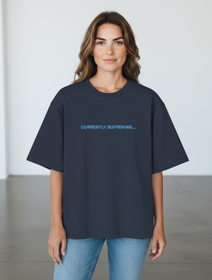 mi-DONE oversized navy blue cotton t-shirt with Currently Buffering text print, worn by a woman with drop shoulders