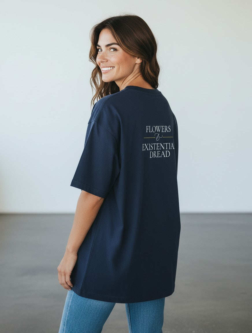 mi-DONE oversized navy blue cotton t-shirt with Flowers & Existential Dread text print on the back