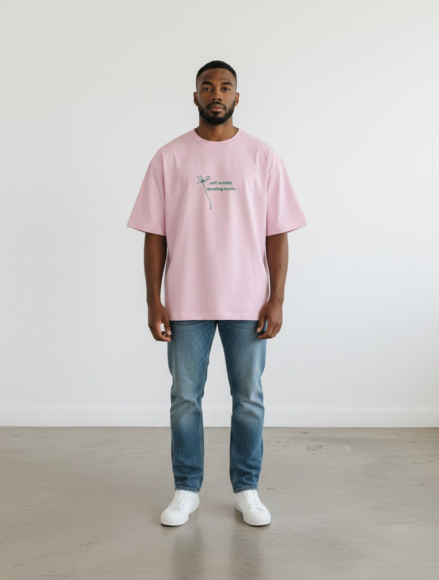 A model wearing a mi-DONE oversized light pink cotton t-shirt with a small graphic print on the chest.
