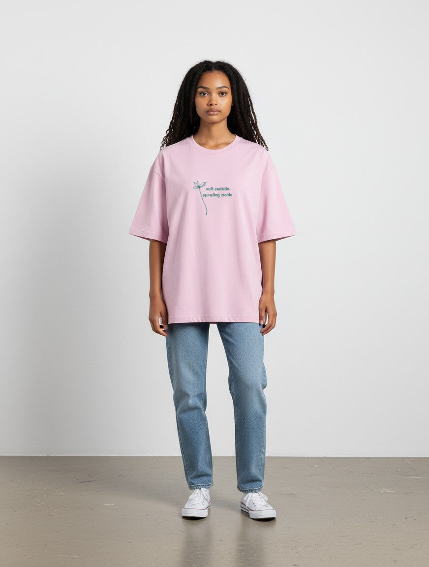 mi-DONE oversized light pink cotton t-shirt with drop shoulders and small graphic print worn by a woman with jeans