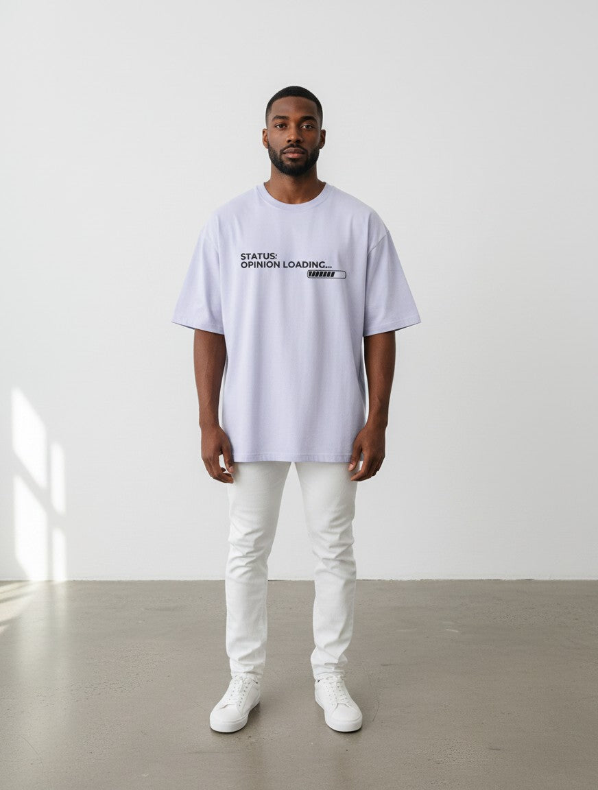 mi-DONE oversized light purple cotton t-shirt with Opinion Loading graphic print worn by a man with white jeans