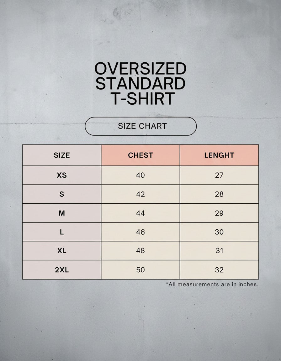 mi-DONE oversized standard t-shirt size chart with chest and length measurements in inches for sizes XS to 2XL