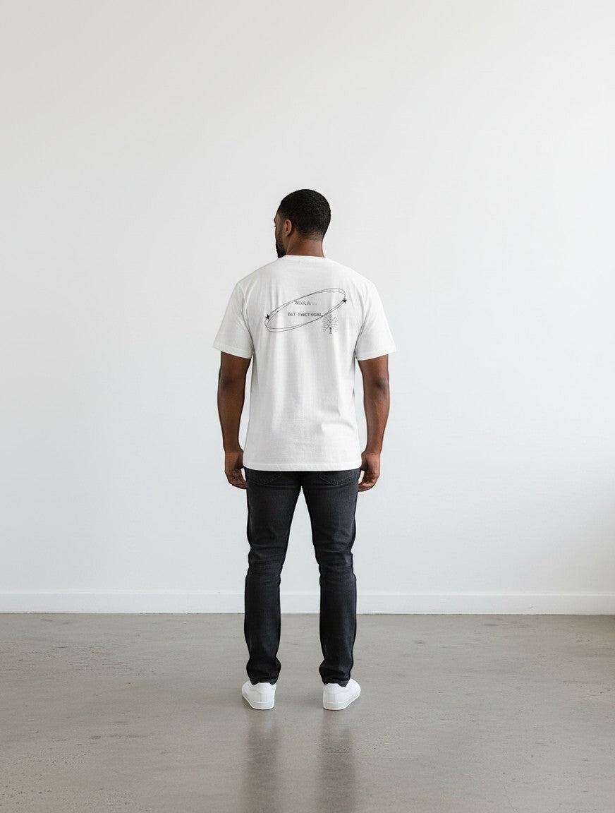 mi-DONE oversized white cotton t-shirt with Delulu But Functional graphic on back worn by a man with black jeans