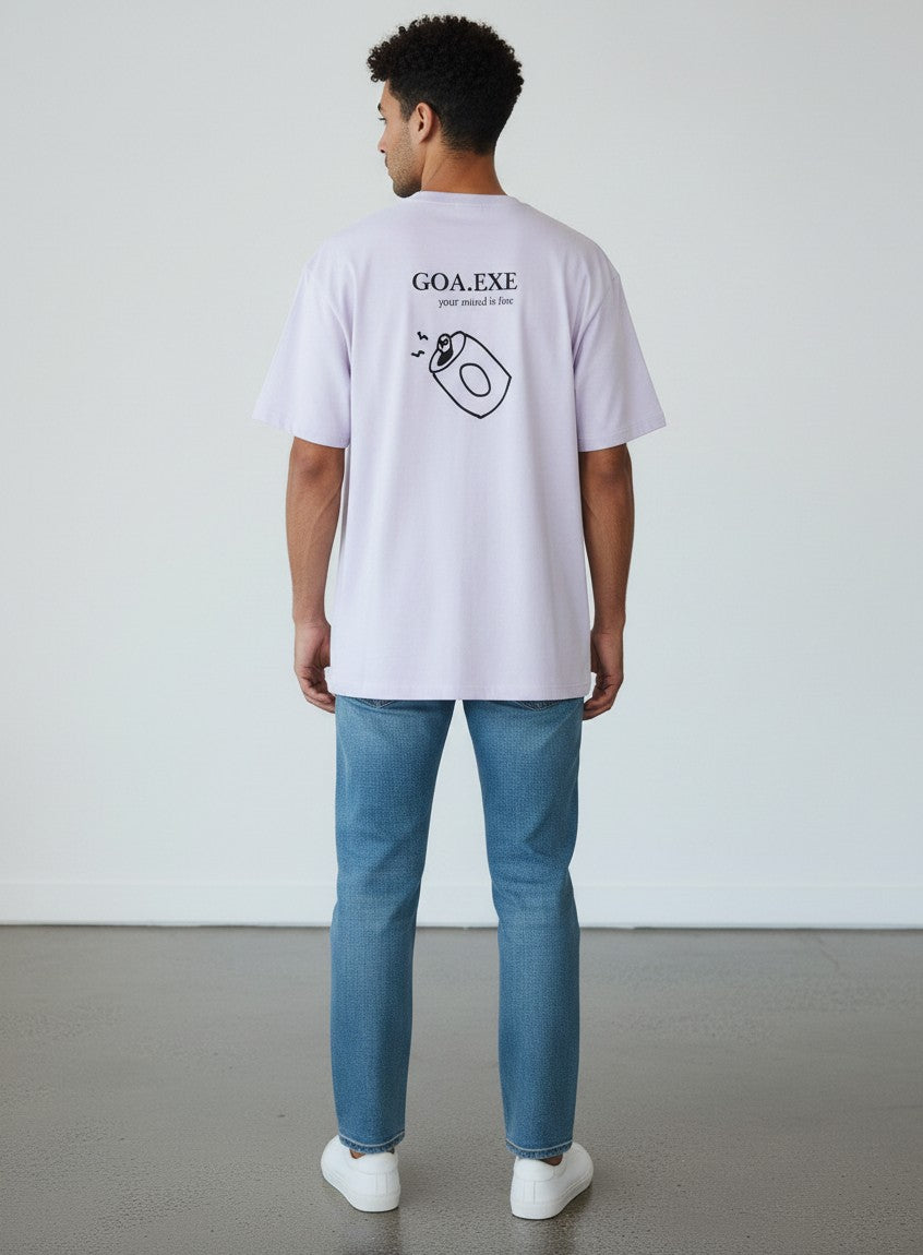 A man wearing a light purple mi-DONE oversized cotton t-shirt with a Goa graphic print on the back.
