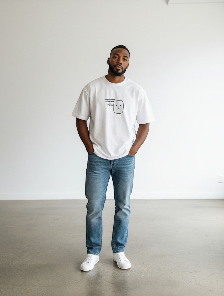 mi-DONE white oversized cotton t-shirt with a small graphic print, worn by a man with blue jeans and white sneakers.