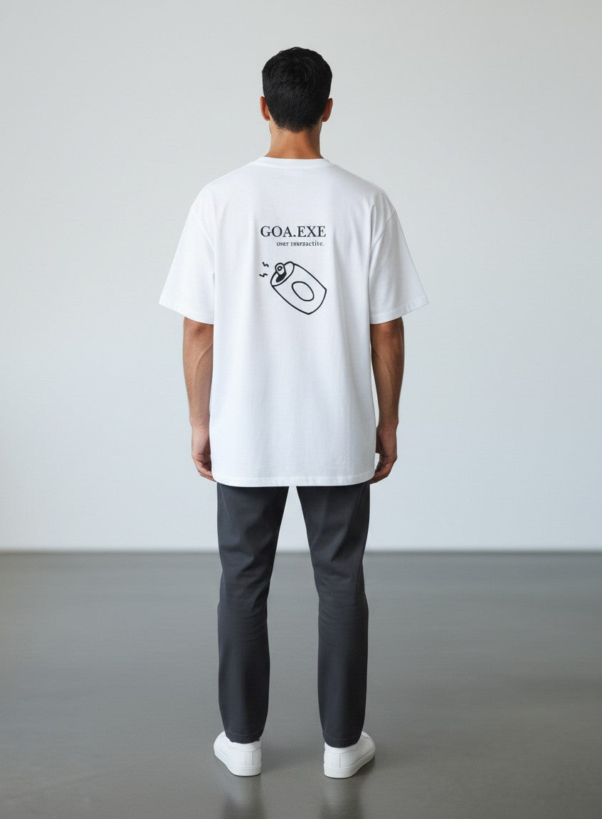 mi-DONE white oversized unisex t-shirt with Goa.exe graphic print on the back, worn by a man with dark trousers.