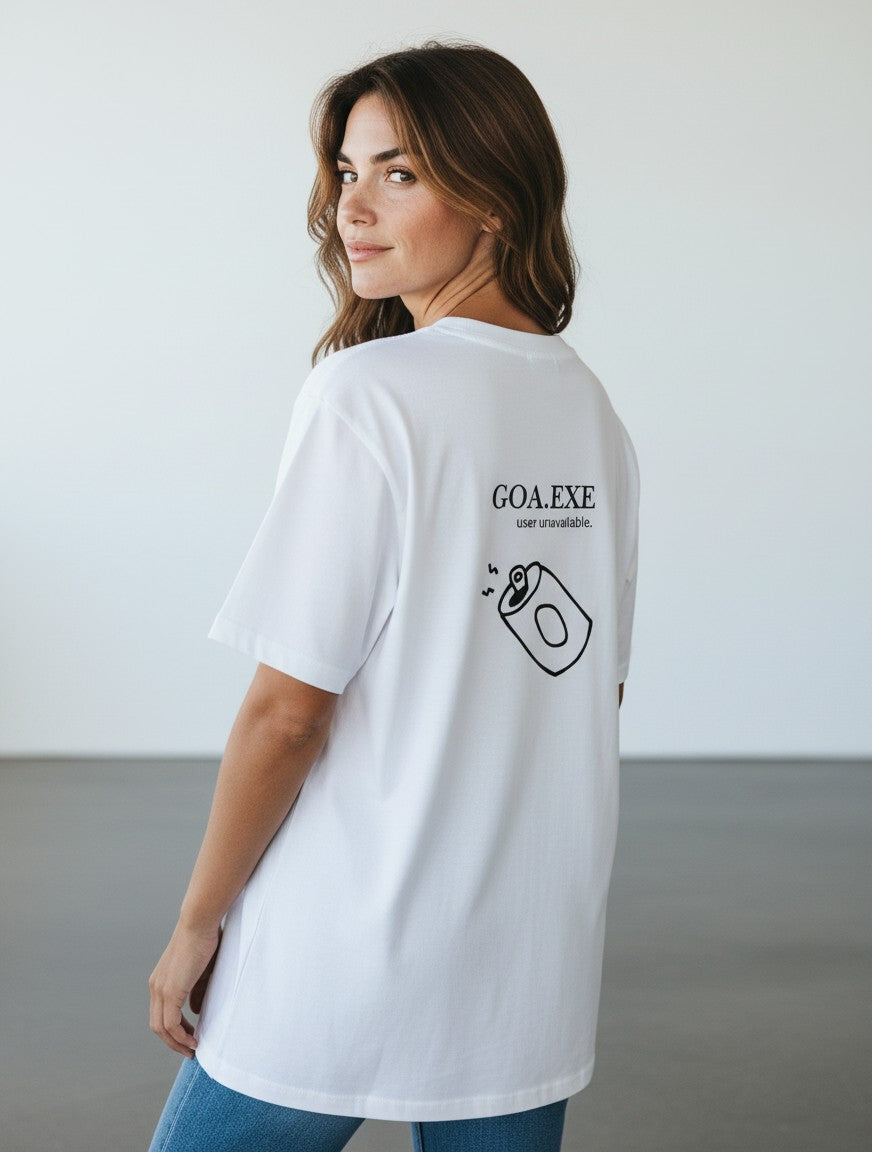 mi-DONE white oversized cotton t-shirt with Goa.exe graphic print on the back worn by a woman