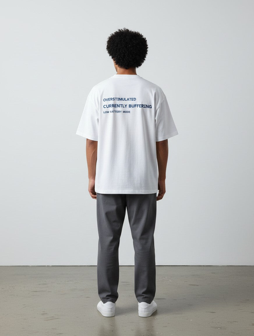 mi-DONE white oversized cotton t-shirt with System Error graphic print on back worn by a man from behind