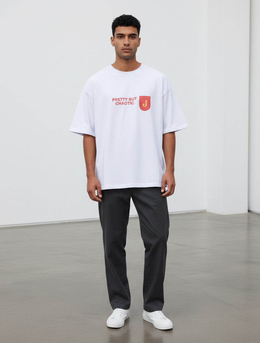 mi-DONE white oversized cotton t-shirt with Pretty But Chaotic graphic print and drop shoulders on a male model