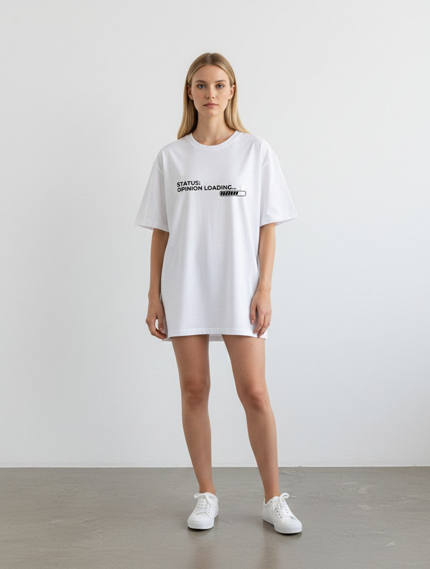 mi-DONE white oversized cotton t-shirt with Opinion Loading graphic print worn by a woman with white sneakers