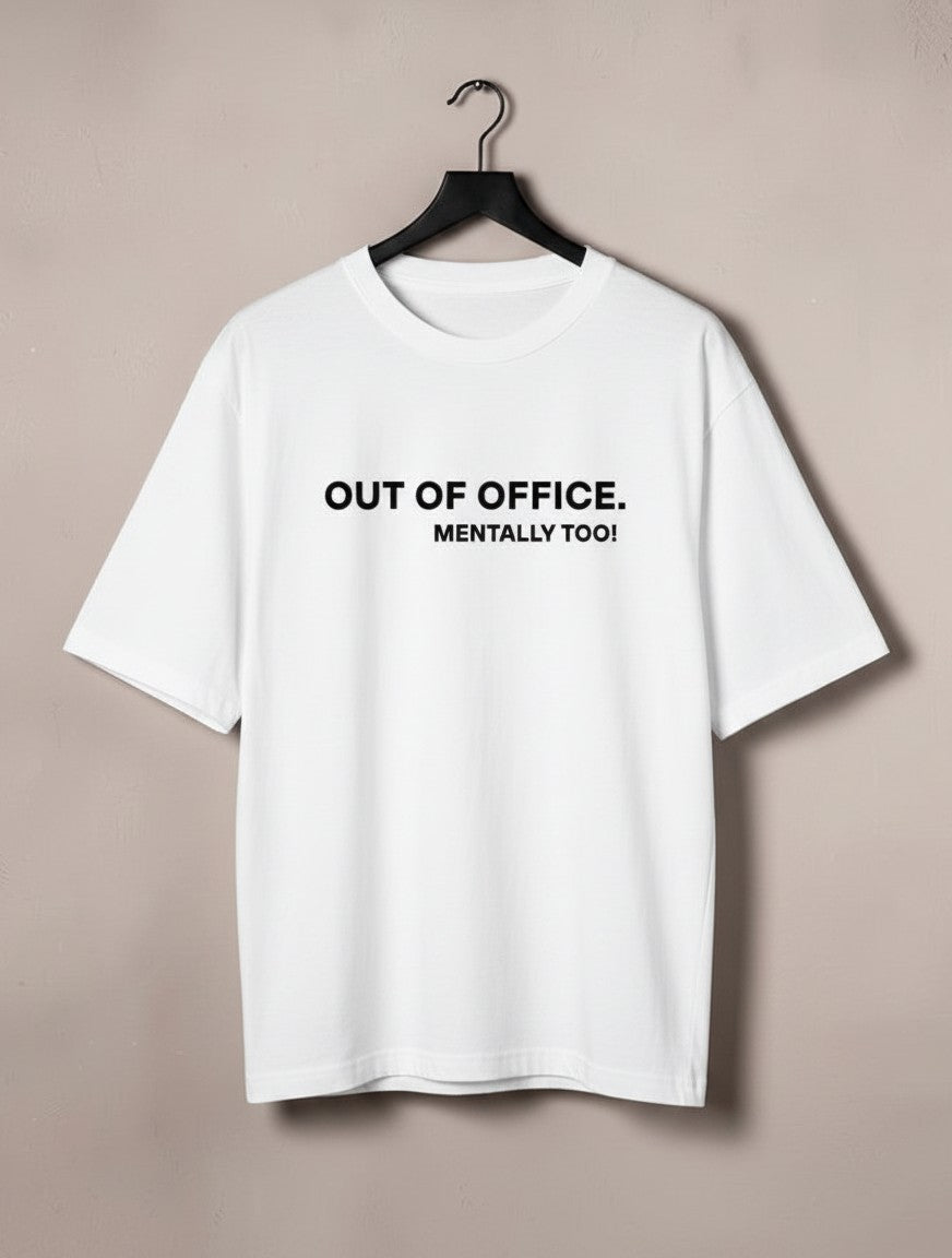 mi-DONE white oversized cotton t-shirt with Out of Office Mentally Too black text print on a hanger